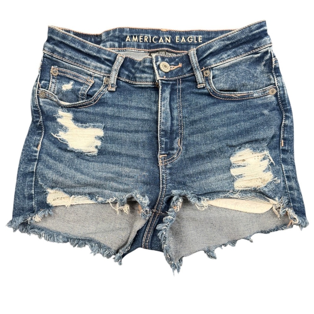 American Eagle Denim Shorts Womens 0 Blue Cotton High V Rise Shortie Fringe Dist